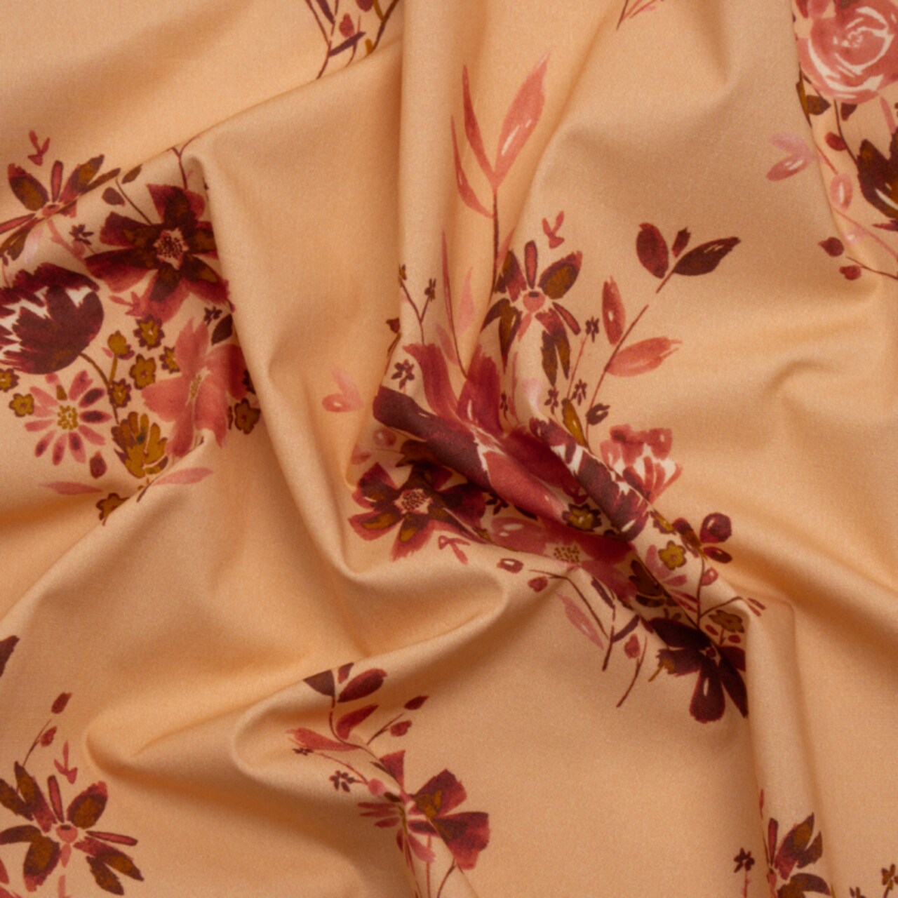 1 yard Stretch Cotton Poplin Print Peach, Pink and Red Floral Fabric